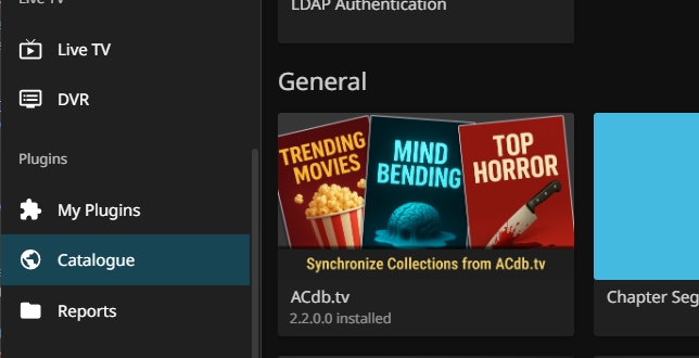 Find the plugin in the Emby plugin Gallery under the General section. ACdb.tv plugin in the Emby plugin gallery